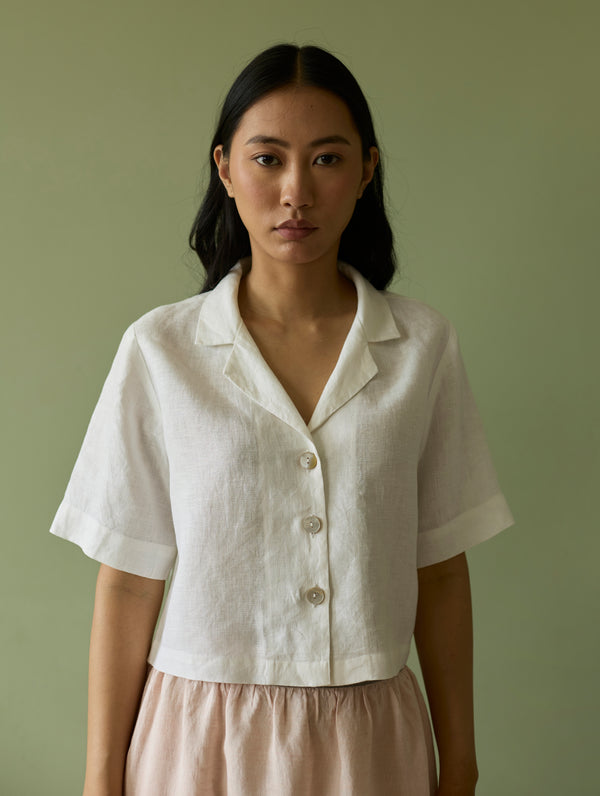 Kiera Cuban Collar Linen Shirt - Ivory