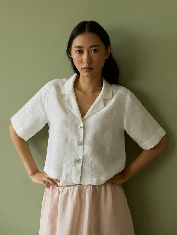 Kiera Cuban Collar Linen Shirt - Ivory