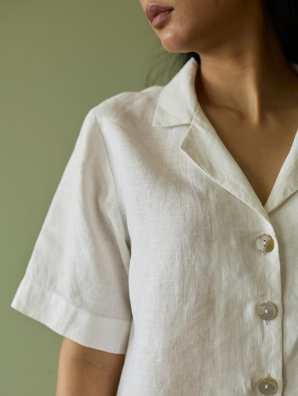 Kiera Cuban Collar Linen Shirt - Ivory