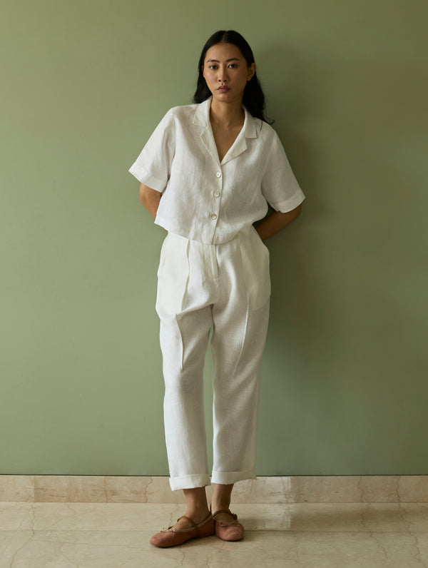 Kiera Cuban Collar Linen Co-ord Set - Ivory