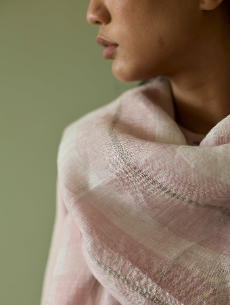 Ilma Metallic Stripes Handwoven Linen Scarf - Blush