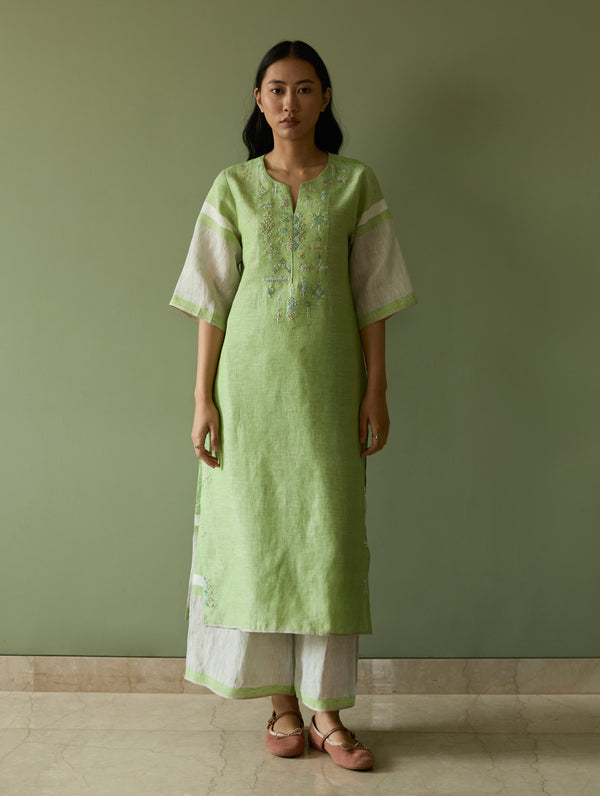 Vira Hand-Emboidered Linen Kurta Set - Meadow