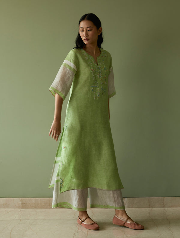 Vira Hand-Emboidered Linen Kurta - Meadow