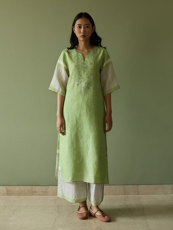 Vira Hand-Emboidered Linen Kurta - Meadow
