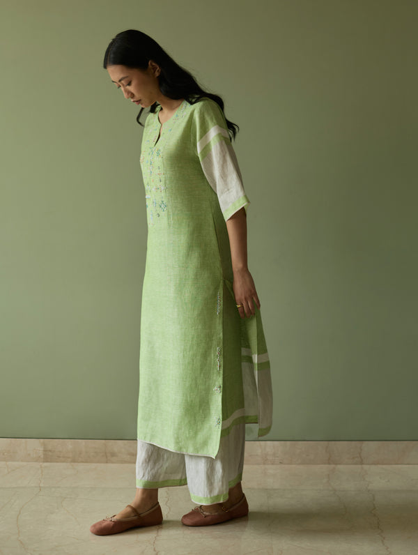Vira Hand-Emboidered Linen Kurta - Meadow