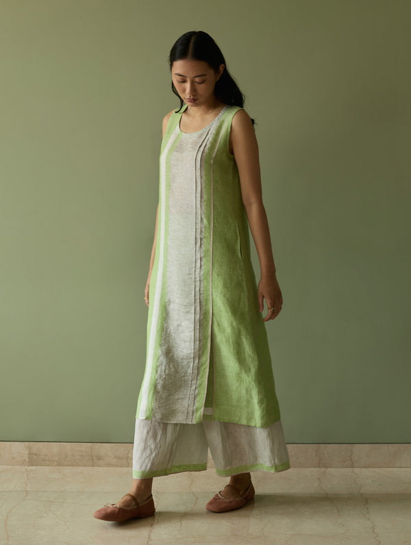 Yara Sleeveless Border Linen Kurta - Meadow
