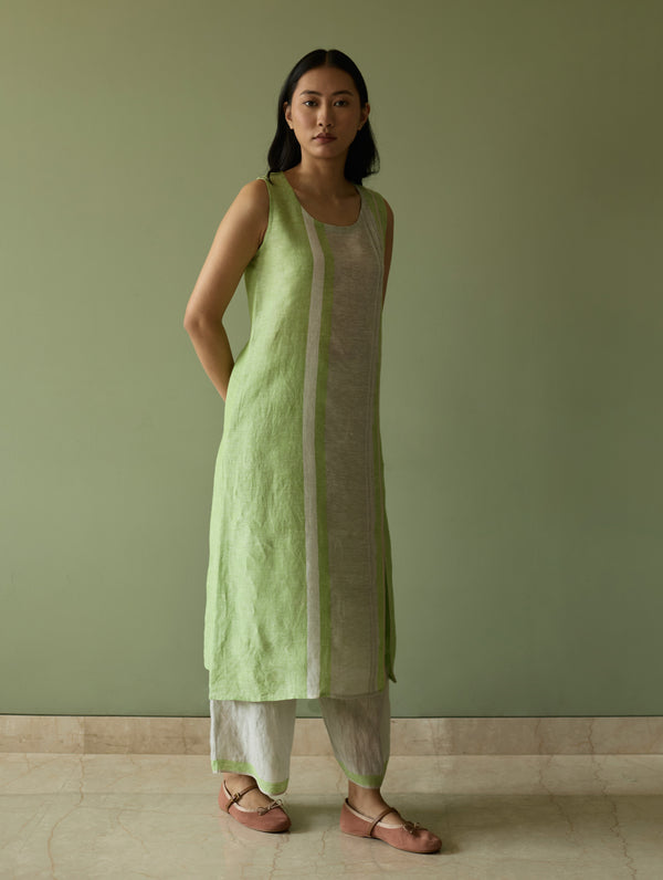Yara Sleeveless Border Linen Kurta - Meadow