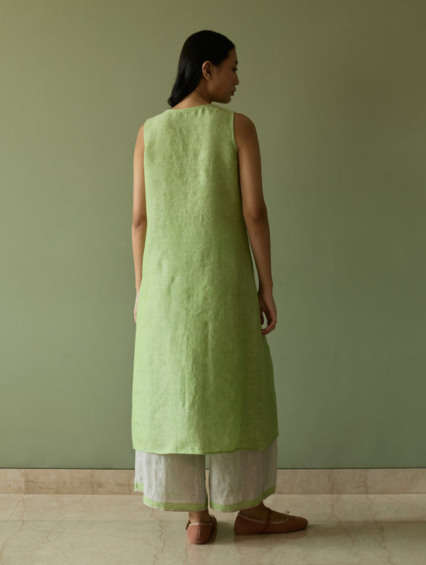 Yara Sleeveless Border Linen Kurta - Meadow