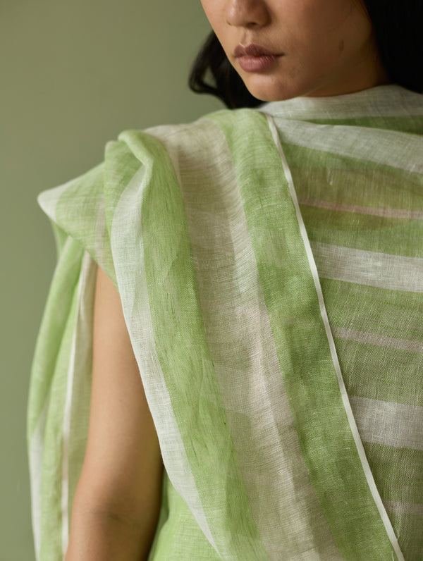 Emma Metallic Stripes Handwoven Linen Dupatta - Meadow