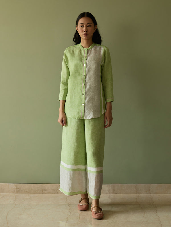 Aline Mandarin Collar Border Linen Shirt - Meadow