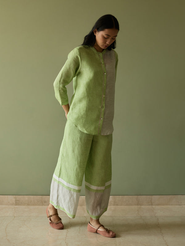 Aline Mandarin Collar Border Linen Shirt - Meadow