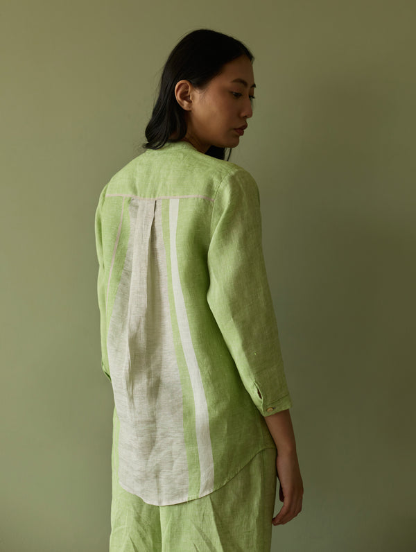 Aline Mandarin Collar Border Linen Shirt - Meadow