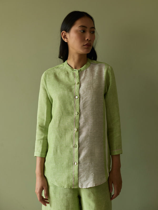 Aline Mandarin Collar Border Linen Shirt - Meadow