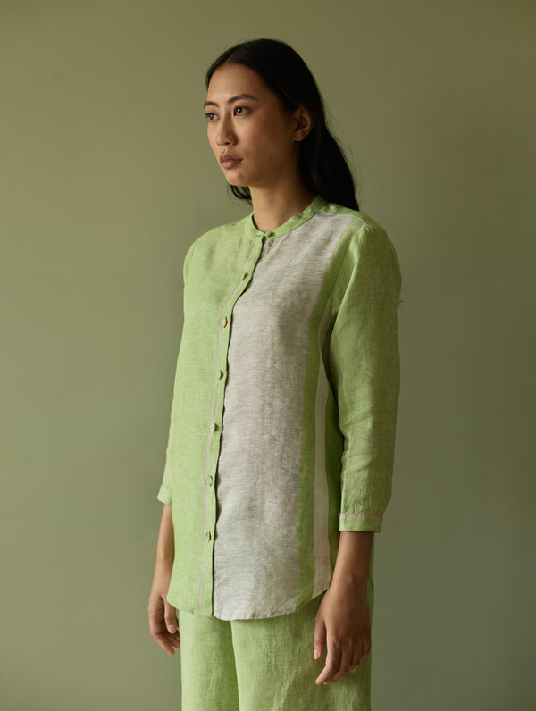 Aline Mandarin Collar Border Linen Shirt - Meadow