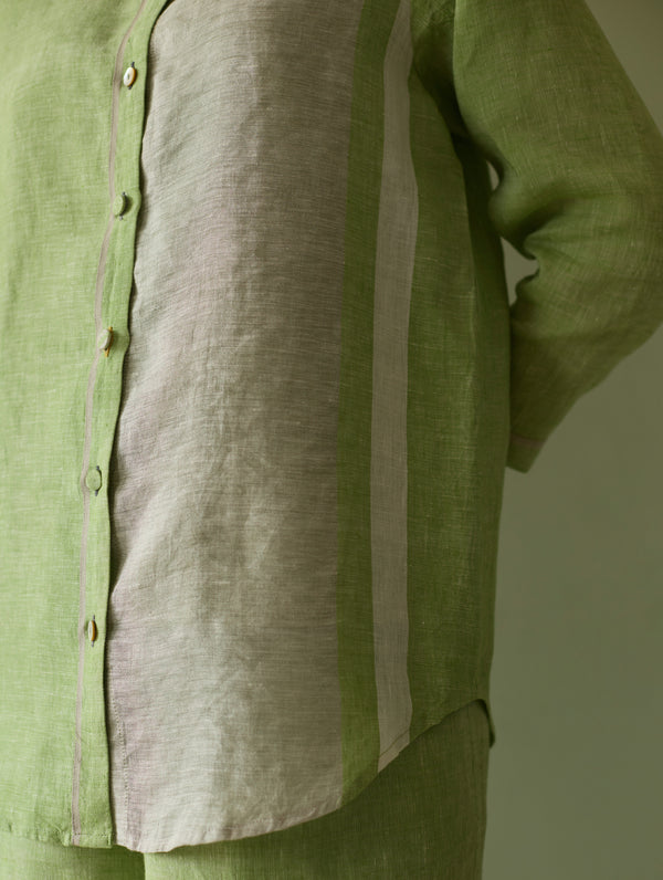 Aline Mandarin Collar Border Linen Shirt - Meadow