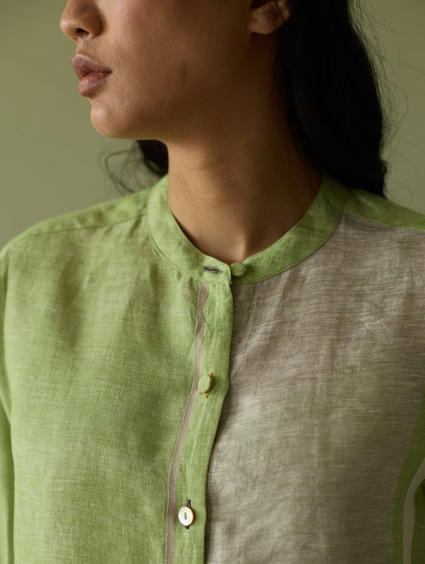 Aline Mandarin Collar Border Linen Shirt - Meadow