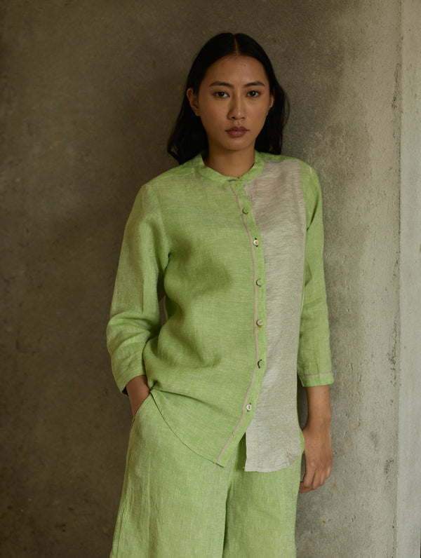 Aline Mandarin Collar Border Linen Shirt - Meadow