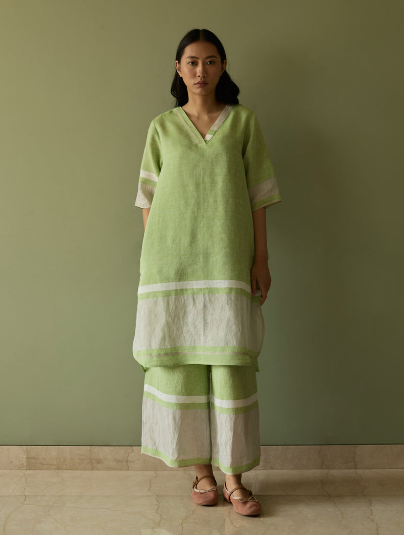 Iva Border Linen Kurta Set - Meadow