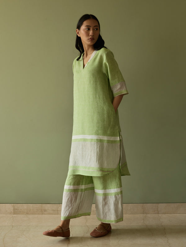 Iva Border Linen Kurta Set - Meadow