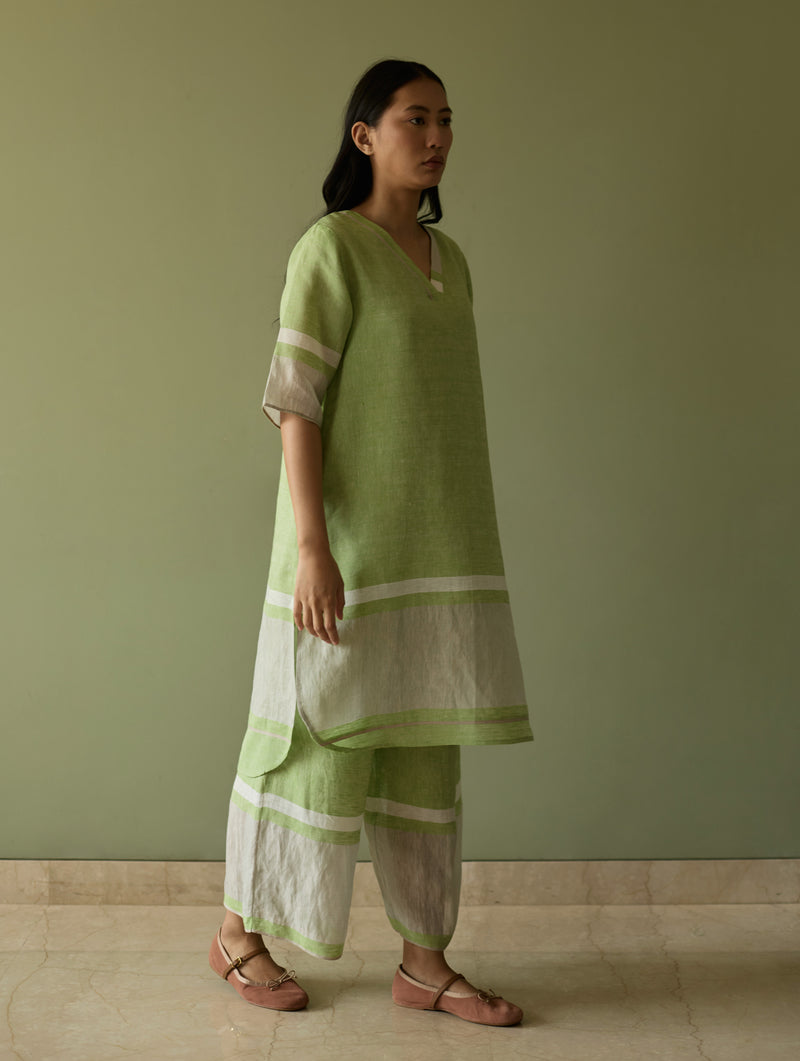Iva Border Linen Kurta Set - Meadow