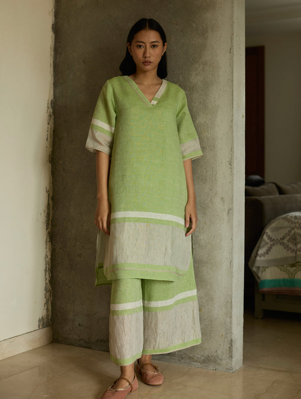 Iva Border Linen Kurta Set - Meadow
