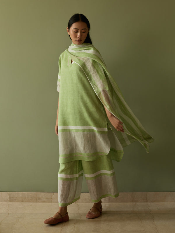 Iva Border Linen Kurta Set - Meadow