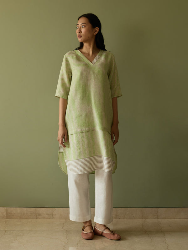 Jira Pleated Stripe Linen Kurta - Meadow