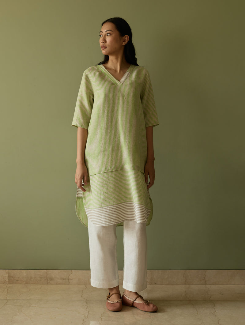 Jira Pleated Stripe Linen Kurta - Meadow
