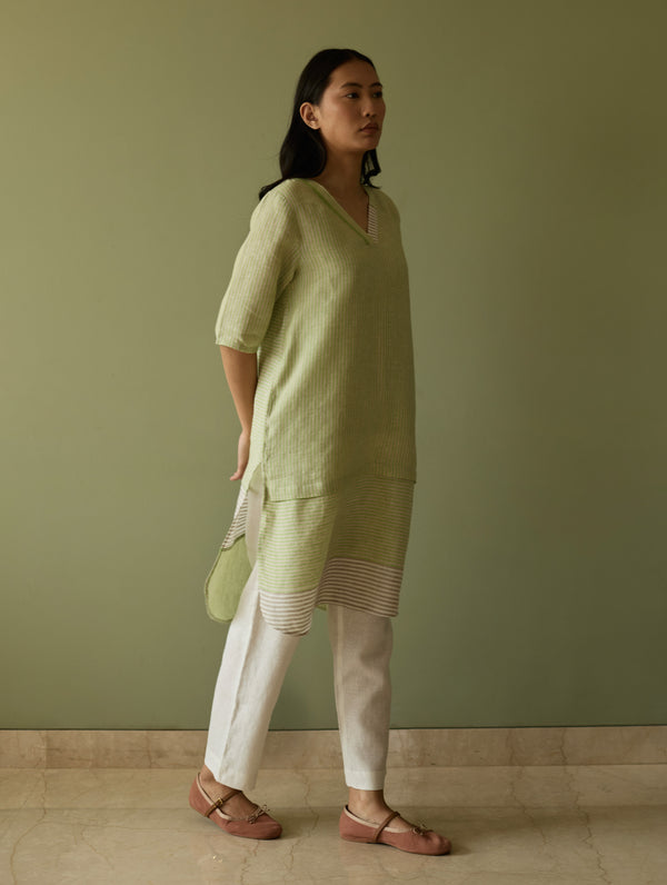 Jira Pleated Stripe Linen Kurta Set - Meadow