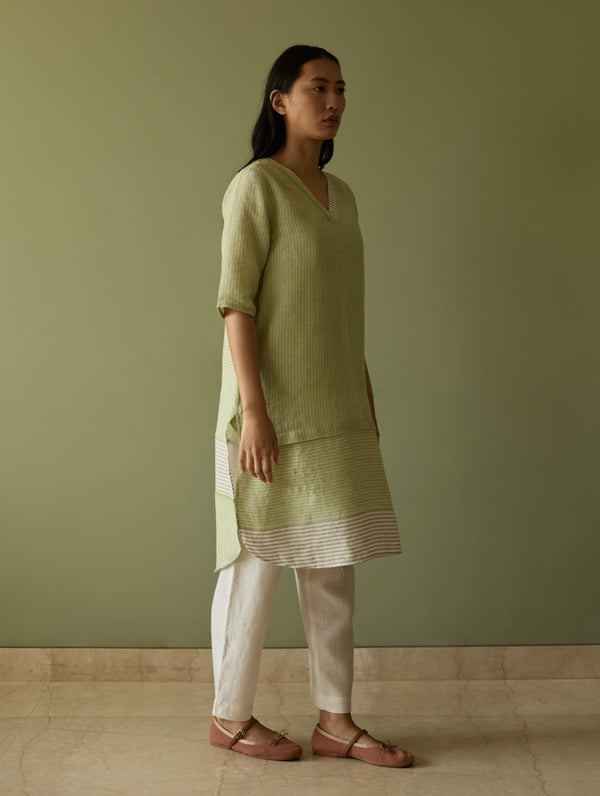 Jira Pleated Stripe Linen Kurta - Meadow