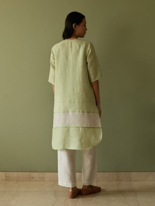 Jira Pleated Stripe Linen Kurta Set - Meadow