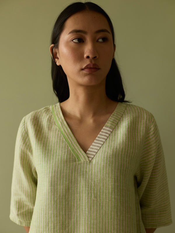 Jira Pleated Stripe Linen Kurta Set - Meadow