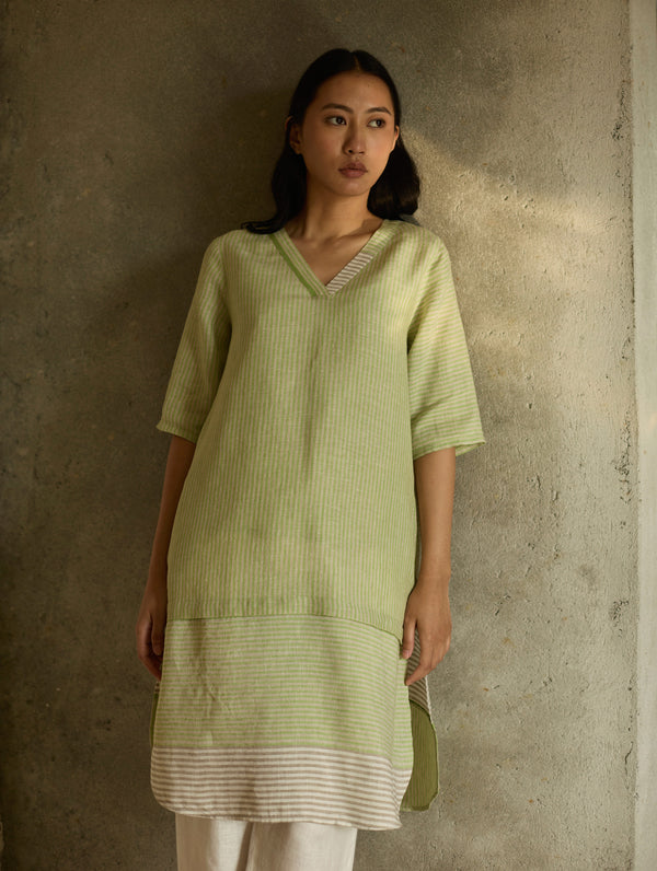 Jira Pleated Stripe Linen Kurta Set - Meadow