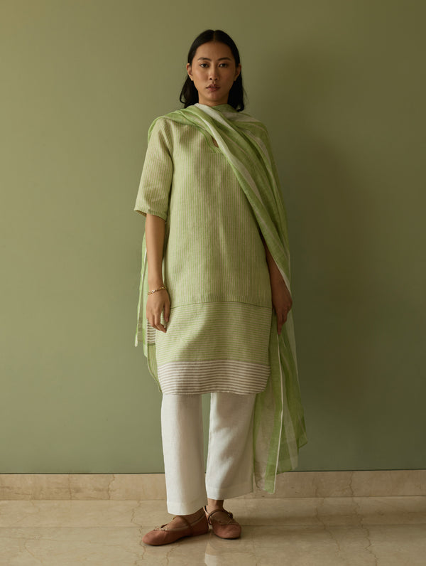 Jira Pleated Stripe Linen Kurta Set - Meadow
