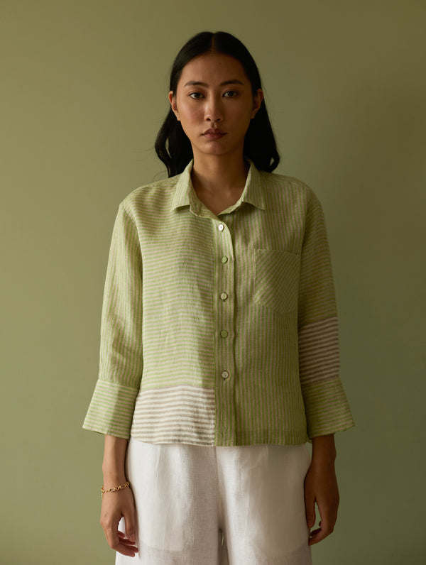 Tia Stripe Linen Cropped Shirt - Meadow