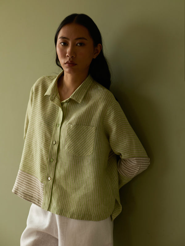 Tia Stripe Linen Cropped Shirt - Meadow