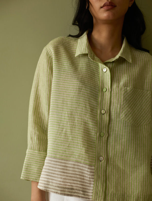 Tia Stripe Linen Cropped Shirt - Meadow