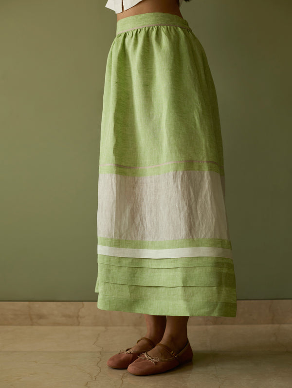 Ora Pleated Border Linen Skirt - Meadow