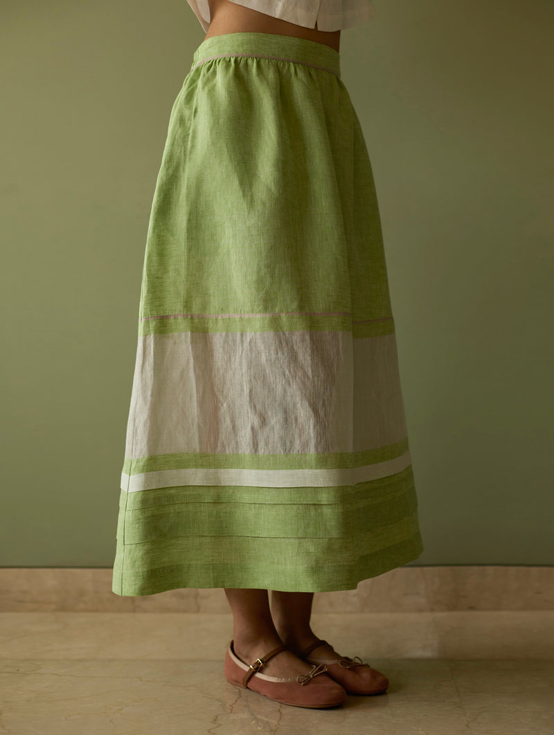 Ora Pleated Border Linen Skirt - Meadow