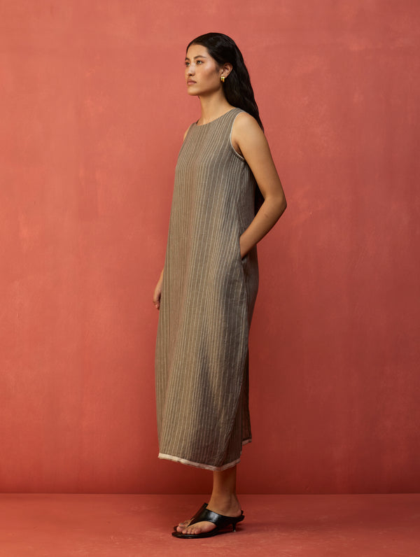 Juro Stripe Linen Parabola Dress - Grey