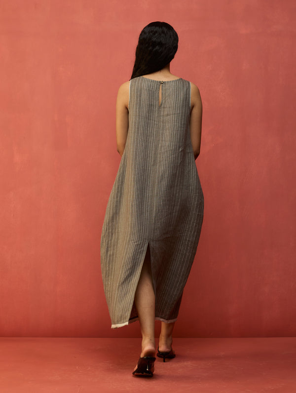 Juro Stripe Linen Parabola Dress - Grey