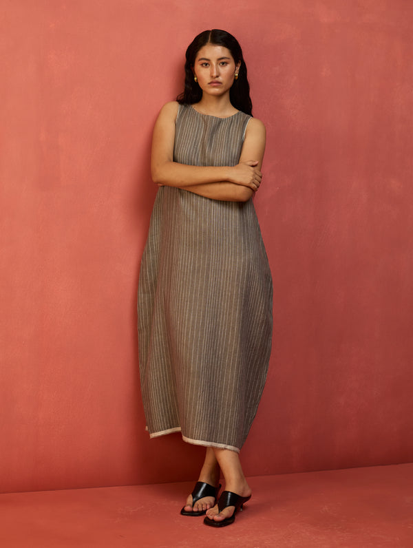 Juro Stripe Linen Parabola Dress - Grey
