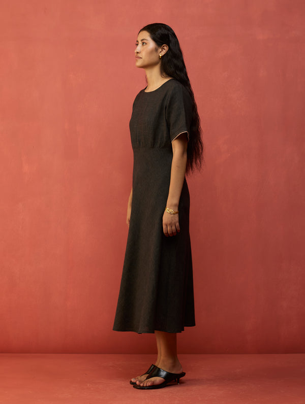 Fumi Bias Skirt Stripe Linen Dress - Charcoal