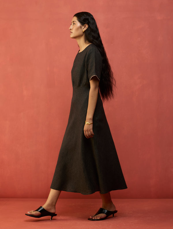 Fumi Bias Skirt Stripe Linen Dress - Charcoal