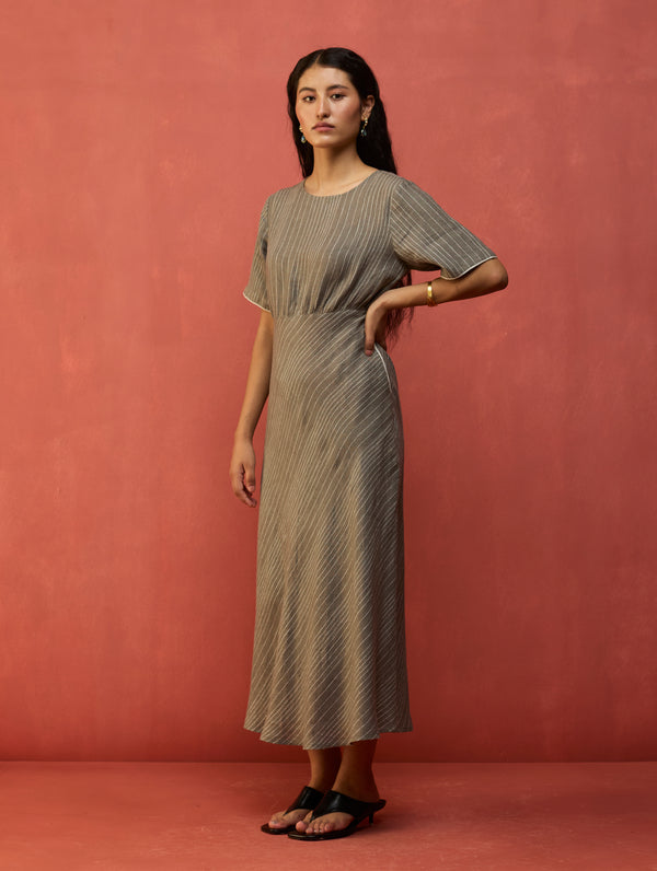 Fumi Bias Skirt Stripe Linen Dress - Grey