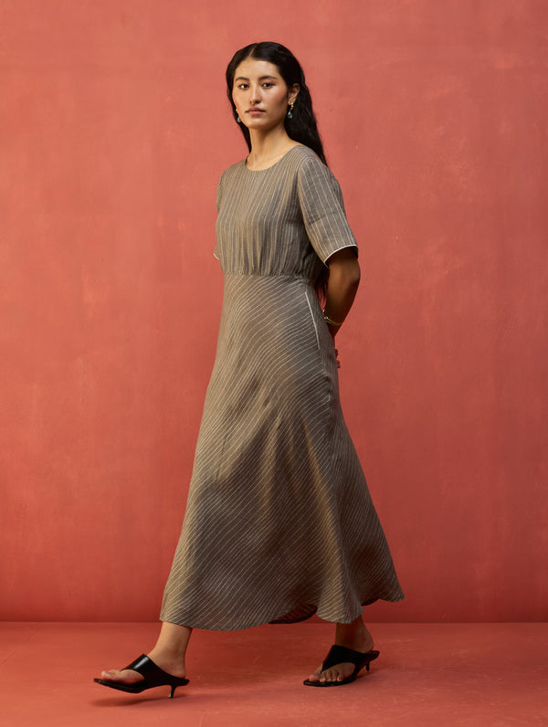 Fumi Bias Skirt Stripe Linen Dress - Grey