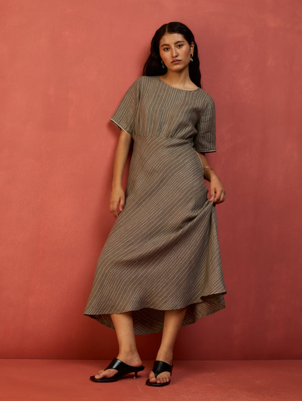 Fumi Bias Skirt Stripe Linen Dress - Grey