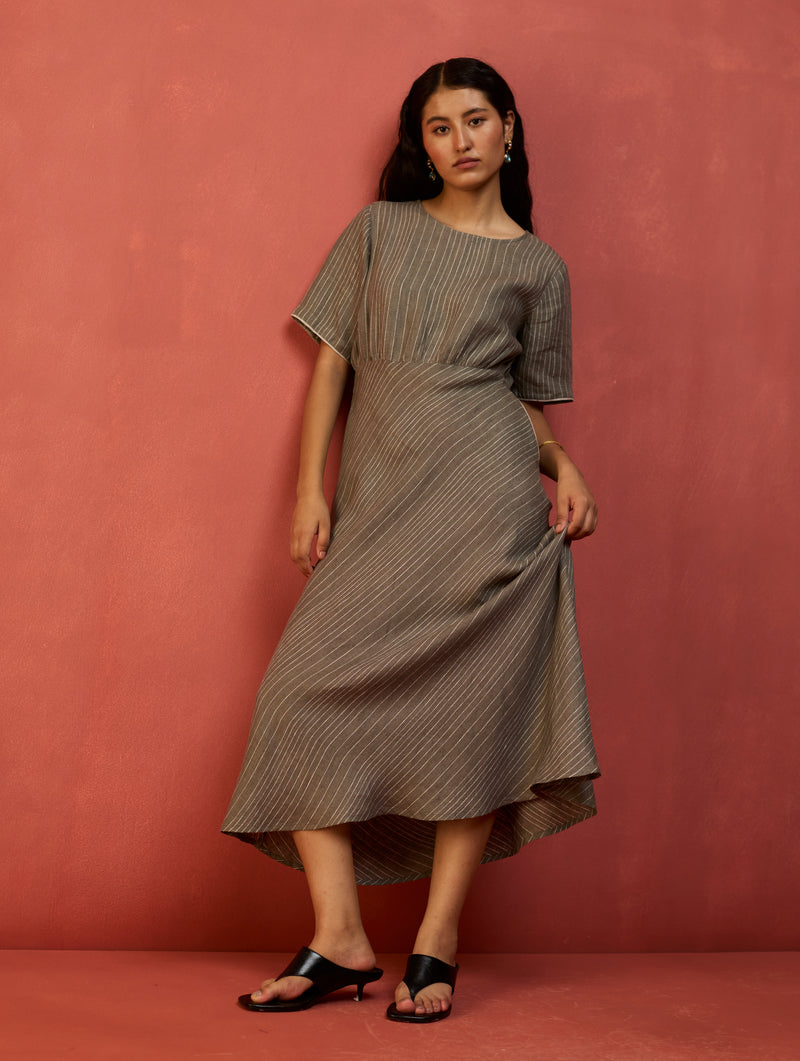 Fumi Bias Skirt Stripe Linen Dress - Grey