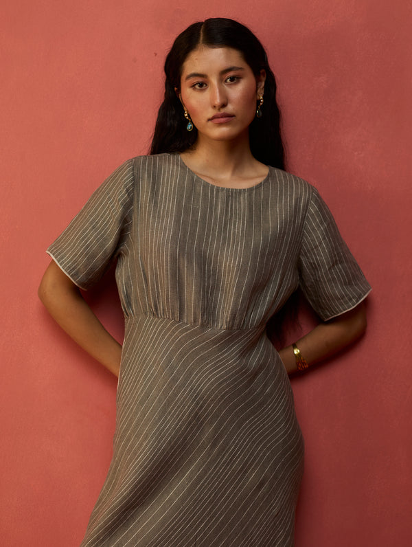 Fumi Bias Skirt Stripe Linen Dress - Grey