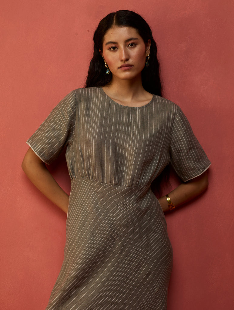 Fumi Bias Skirt Stripe Linen Dress - Grey